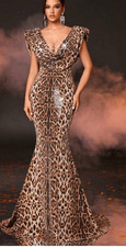 Shein Belle Tan/BlackLeopard Sequin Gown, Cowl Drape Frt/Back, Slvls, NWT, L