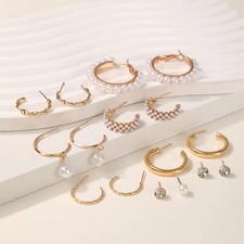 9 Pairs Gold Hoop Earrings Set for Women Faux Pearl Studs Twisted Huggie Jewelry