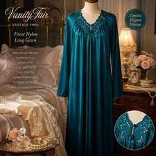 Vintage 1980s Vanity Fair Peacock Blue Nylon Tricot Lace Nightgown