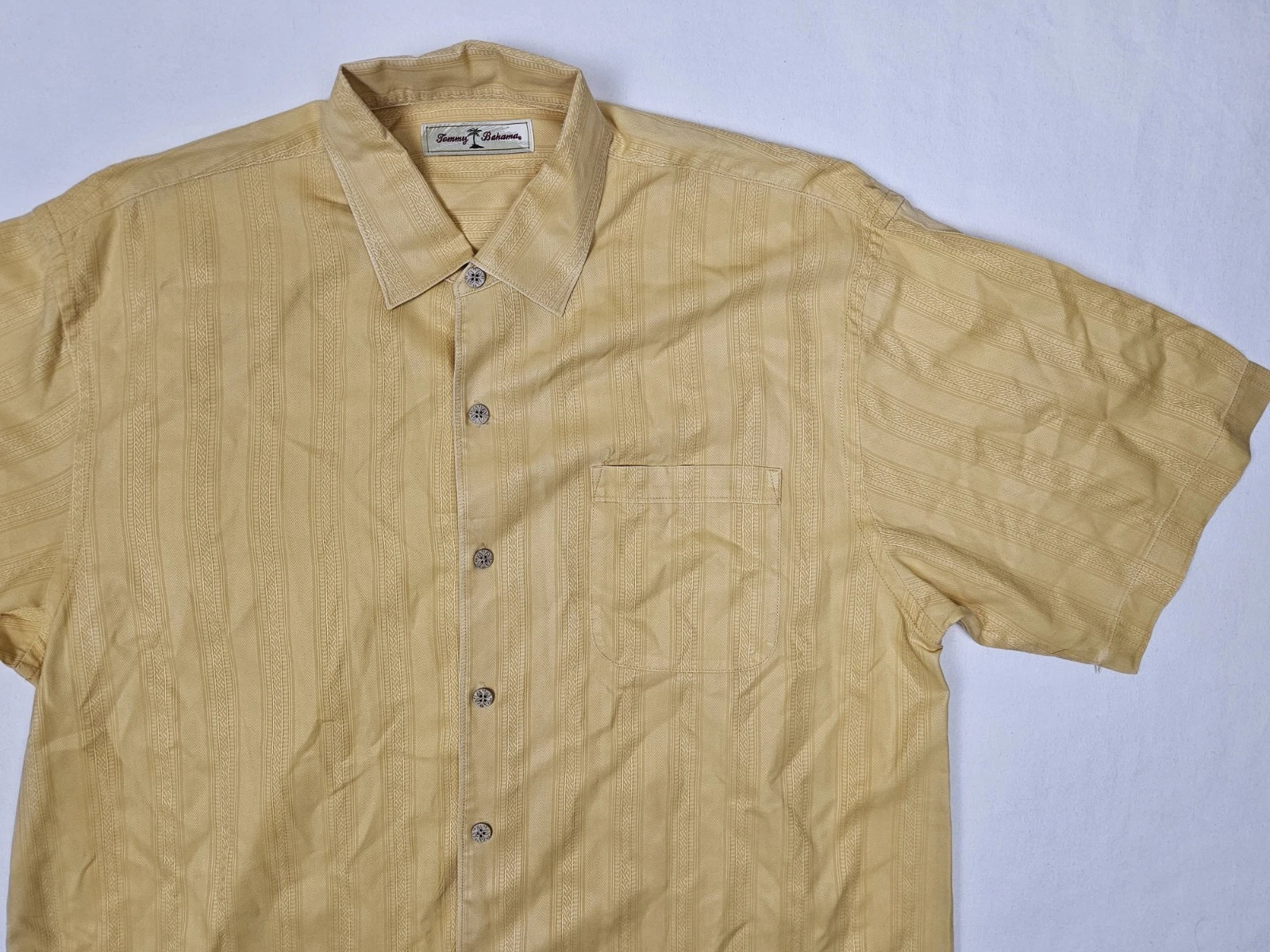 Tommy Bahama Shirt Mens Extra Large Silk Yellow Striped Short Sleeve Button Up