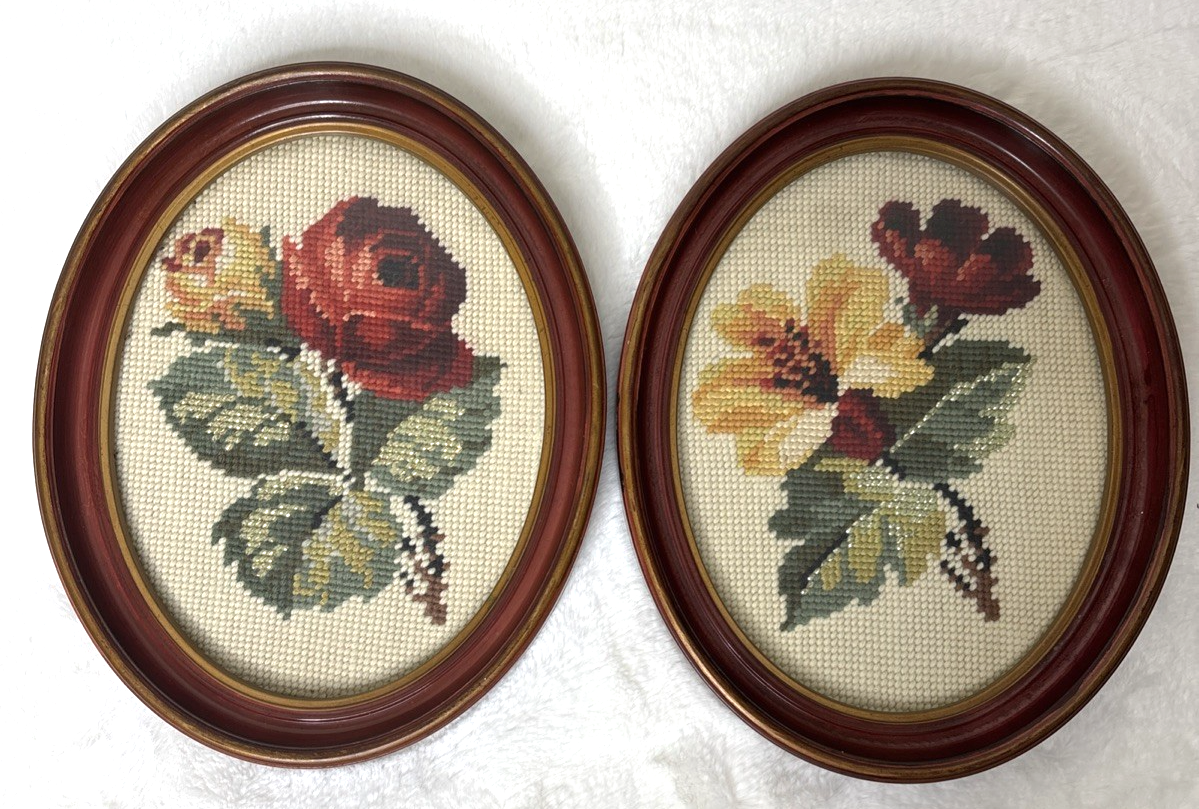Pair Of Vintage Floral Needlepoint In Oval Frames Glass Front  8 X 10, Roses