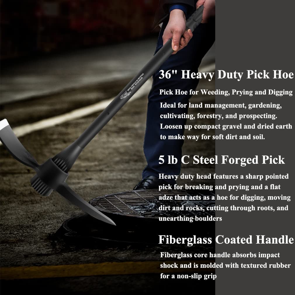 Forged Adze Pick, Weeding Mattock Hoe Pick Mattock with Fiberglass Handle, Ga...
