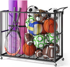 Ball Storage Bin Rolling Sports Ball Cart, Metal Garage Organizer Sport Rack, Ba