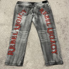 Rebel Legacy Jeans Mens 42x30 Black Embroidered Relaxed Baggy Y2K Hip Hop Street