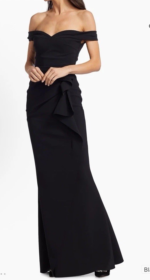 Chiara Boni La Petite Robe Off-The-Shoulder Sweetheart Ruffled Gown Black Sz 12