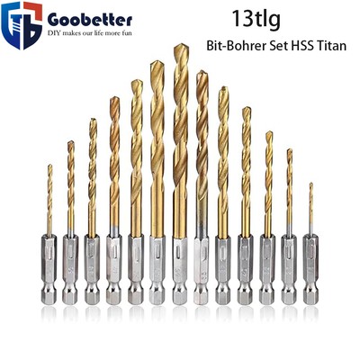 13tlg Bit-Bohrer Set HSS Titan 1.5-6.5mm Sechskantschaft 1/4 Spiralbohrer Metall