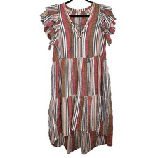 Ulla Johnson Leonie Striped Dress 12 Boho Cottage Tassel Hi Low Tiered Ruffle