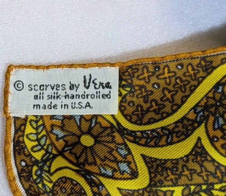 Vtg Scarf By Vera All Silk Rolled Edge Paisley Lime Green Bronze Retro Office - Image 2 of 4