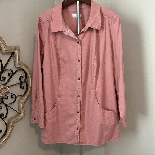 Denim & Co Rolled Tab Sleeves Shirt Jacket Pink Salmon Button Down 1XL