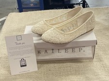 Kailee P. Crochet Lace Round Toe Flats with Mini Pearls Wedding Shoes Size 7.5