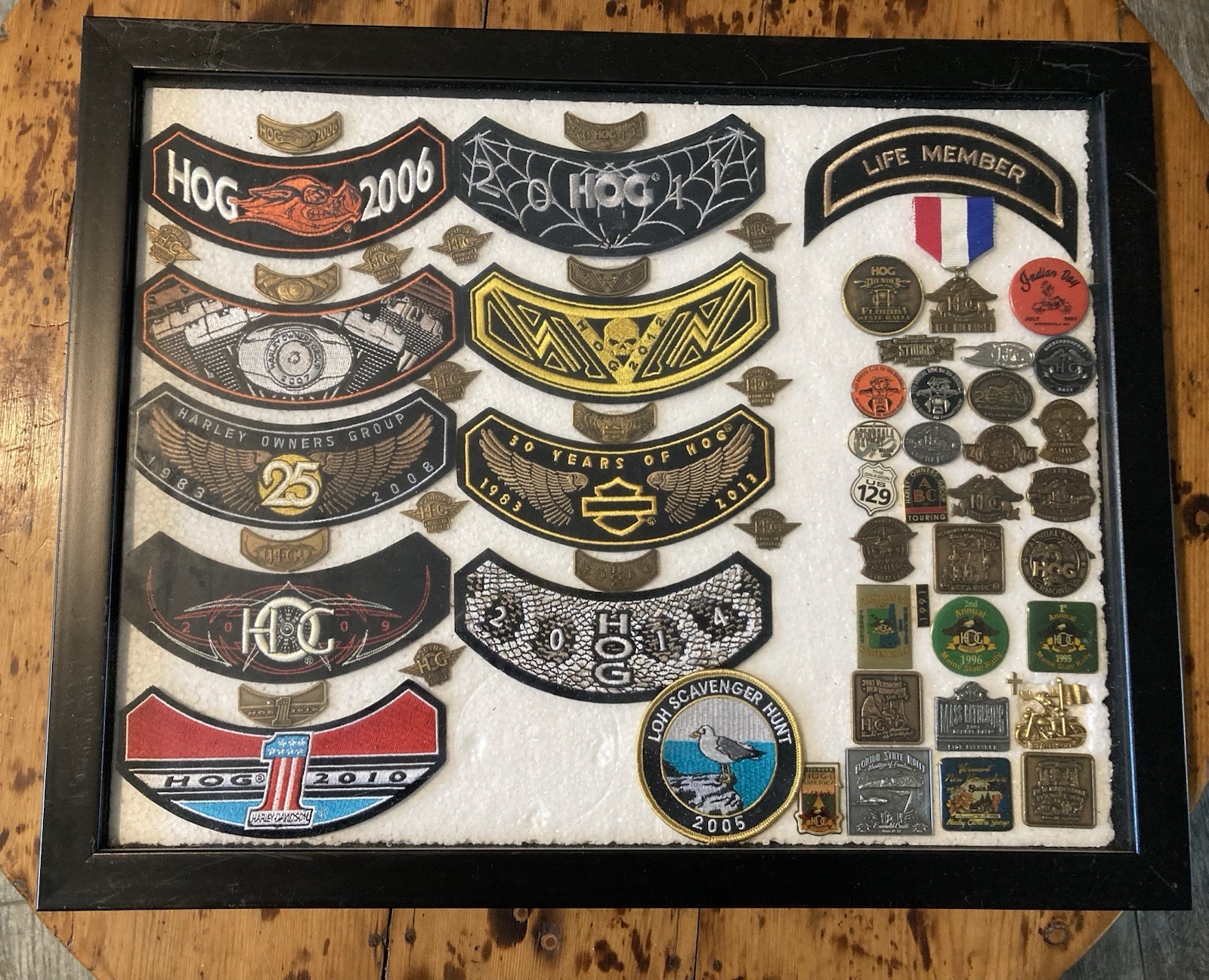 HOG Harley Davidson Owners Group Patches Pins Ladies Pins Rally Framed Huge Lot