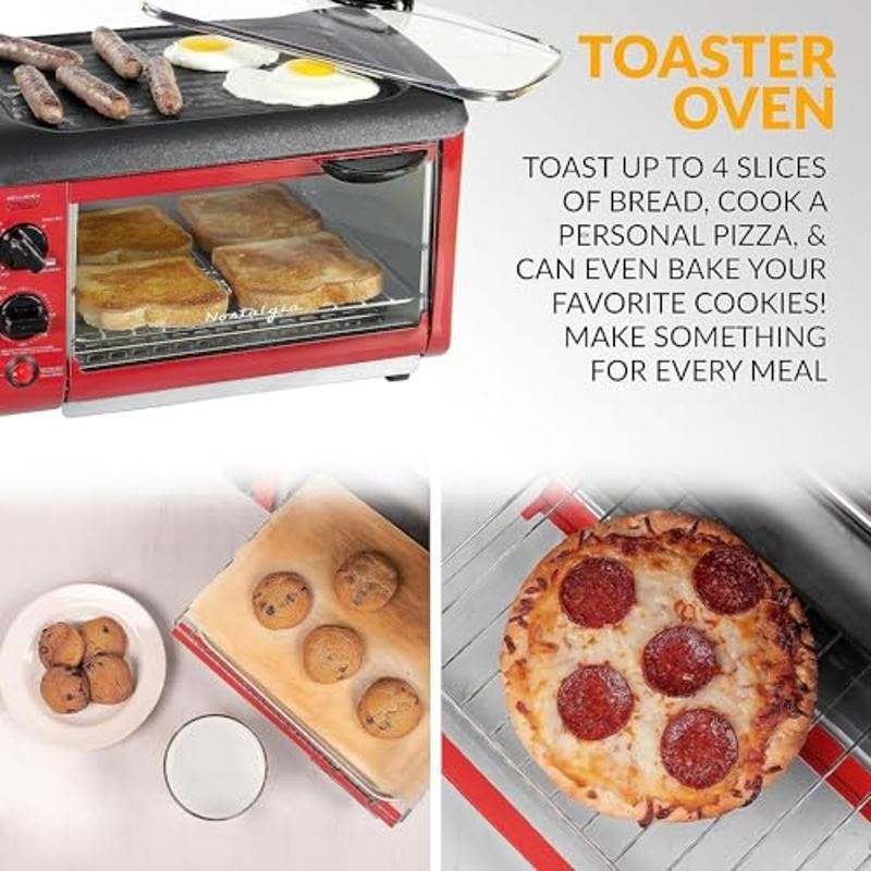3-in-1 Breakfast Station Coffee Maker Griddle Toaster Oven Red Kitchen Appliance