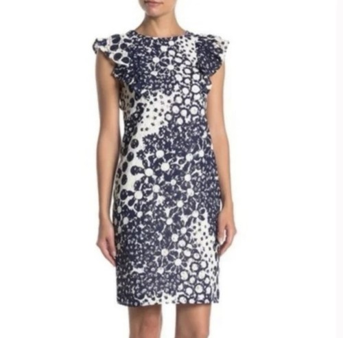 NWT Trina By Trina Turk Ruffle Sleeve Navy & White Lace Dress Size 12 - Picture 9 of 9