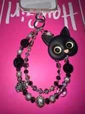 Cute Bling Black Cat beaded Phone wristlet, bag accessory Beaded Keychain