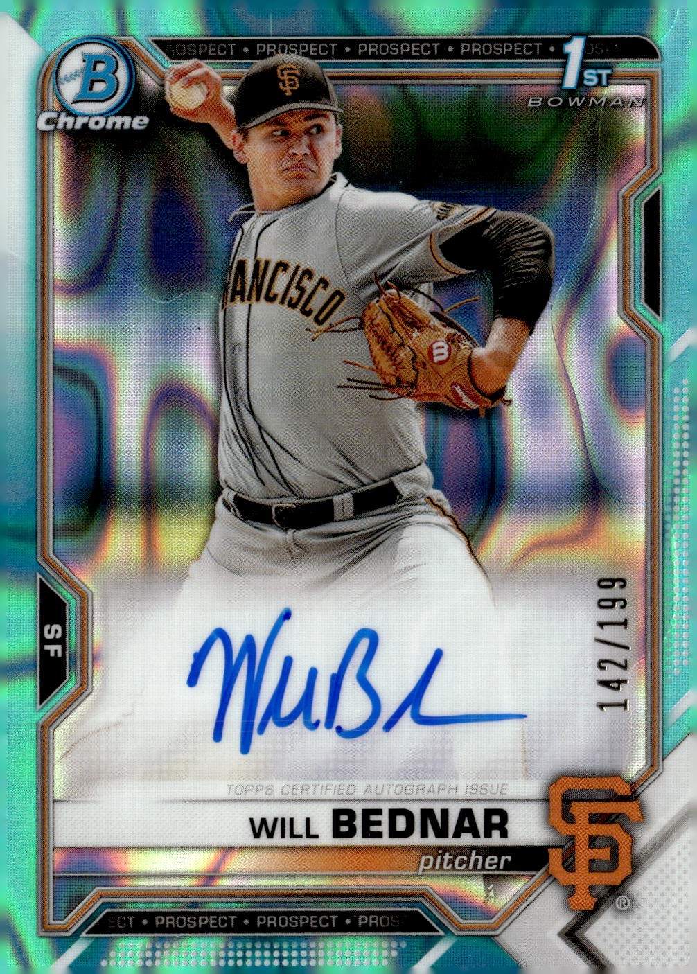 2021 Bowman Draft #CDA-WB Will Bednar Chrome Auto Aqua Lava Refractor #/199
