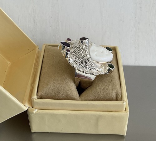 Sajen Silver Carved Goddess Ring Multi Gemstones 925 Sterling Silver Size 9 - Picture 4 of 20