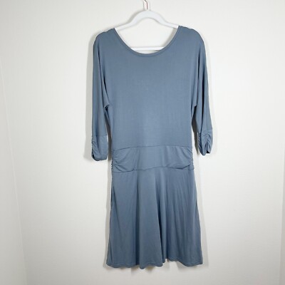 Prana Simone Criss Cross Back Dress Size M Blue 3/4 Sleeves Pockets Above Knee