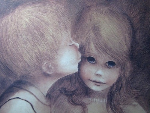 MARGARET KEANE art print First Love kiss lithograph 1970s kids w/ big eyes - Picture 2 of 6