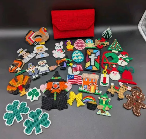 VTG Lot Of 33 Handmade Needlepoint MINI Magnets Ornaments Holidays With Envelope