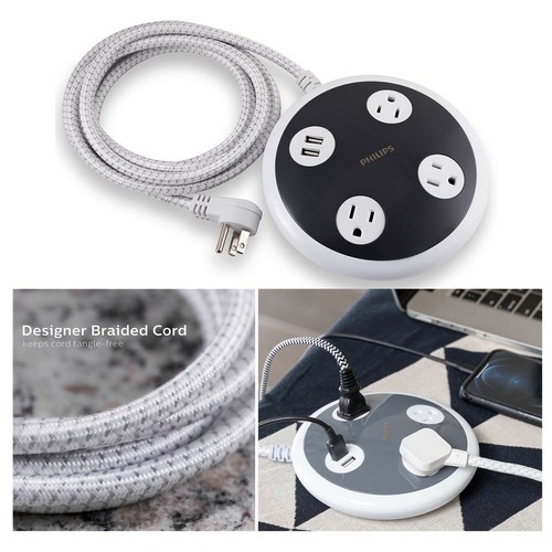 Philips Überspannungsschutzkugel mit 3 Steckdosen und USB-Aufladung 8 Fuß Geflochtene Kordel  - Bild 1 von 8