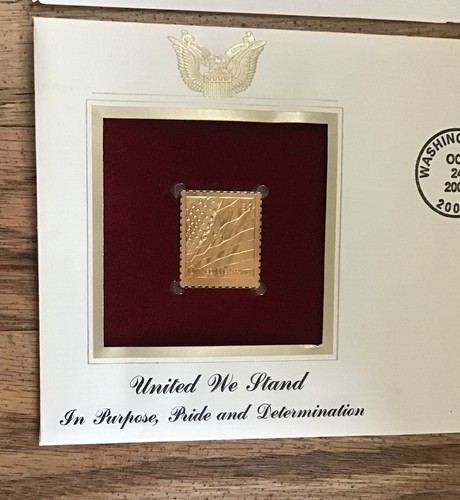 UNITED WE STAND FLAG STAMP 22k GOLD REPLICA OCT 24 2001 FDC 9/11/2001 Gift Idea - Picture 2 of 4