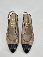 SALVATORE FERRAGAMO Womens 9 AA Black Beige Cream Pumps Slingback Heels