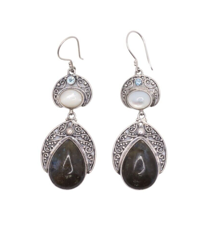 Sterling Silver Large Gemstone Dangle Earrings - image 1