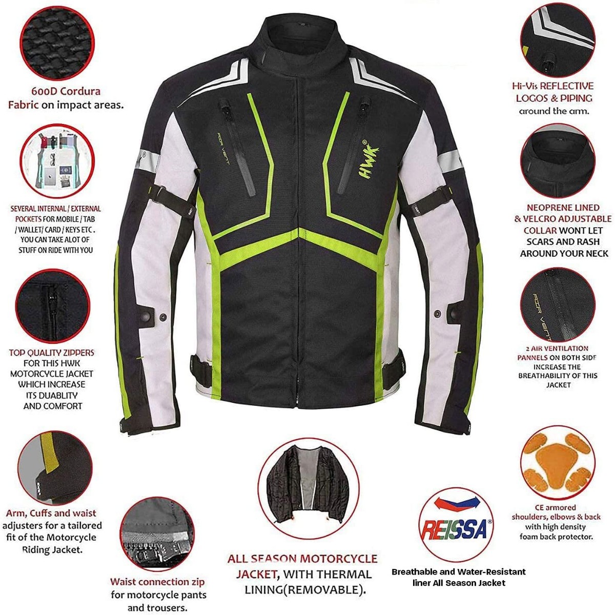NWT $80 HIGH VIS GREEN HWK Motorcycle Jacket Men Adventure