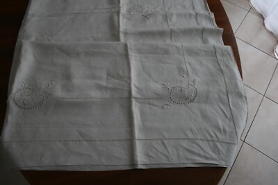 Drap en lin avec monogramme CP - Linge ancien brodé main - Début XXe