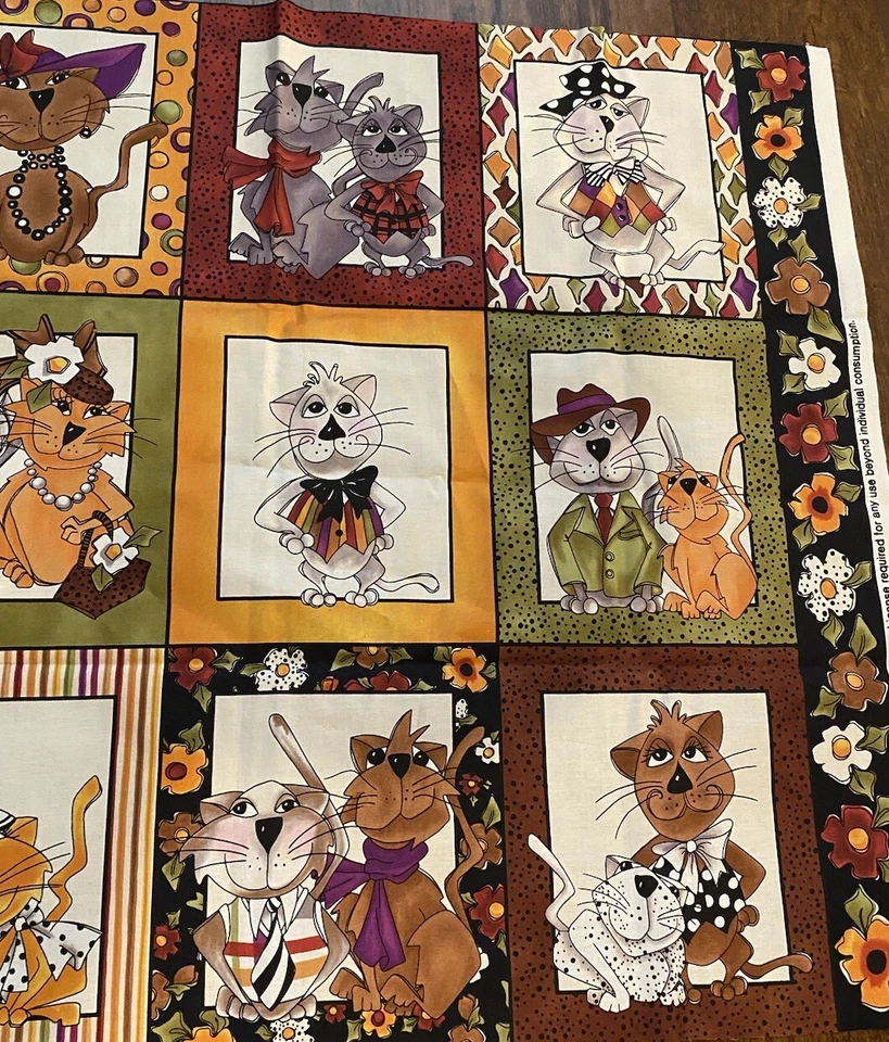 Loralie Harris Fabric SPICE CATS Cotton Panel Anthropomorphic OOP 23 x 44” - Image 4 of 4