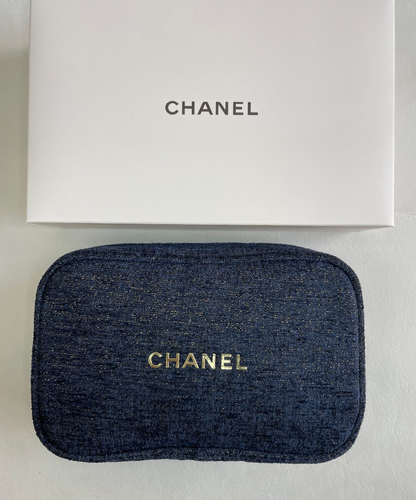 CHANEL Beaute Cosmetic Makeup Bag Pouch Clutch Sparkling NAVY GOLD w/ gift box