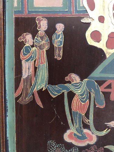 FINE ANTIQUE CHINESE GILT BLACK LACQUER ART PANEL COURT SCHOLAR FIGURES LADIES - Picture 4 of 12