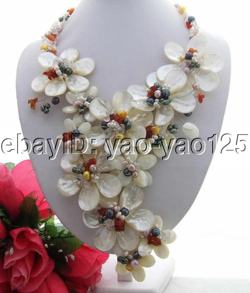 White Pearl white Shell Statement Necklace handmade Statement necklace - Image 2 of 3