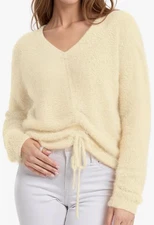 NEW Tanou Women's Fluffy Fuzzy V-Neck Drawstring Pullover Sweater Size Large