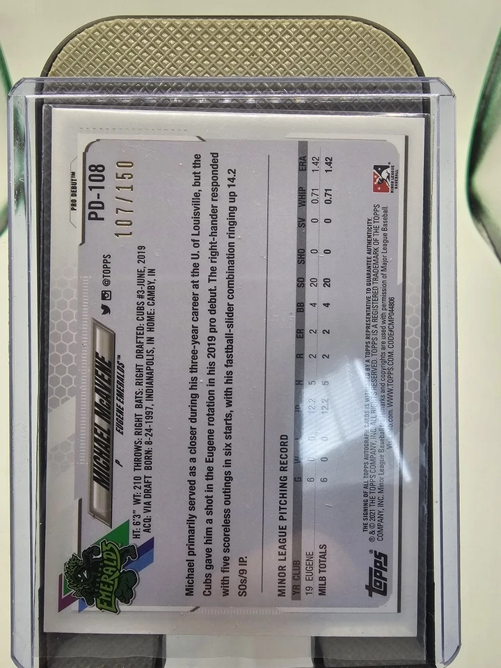 Michael McAvene 2021 Topps Pro Debut Autographs Blue SN,AU #/150 #PD-108 - Image 2 of 2