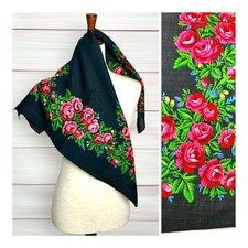 Vintage Wool Scarf Black Floral Russian Traditional Platok Style made in Japan