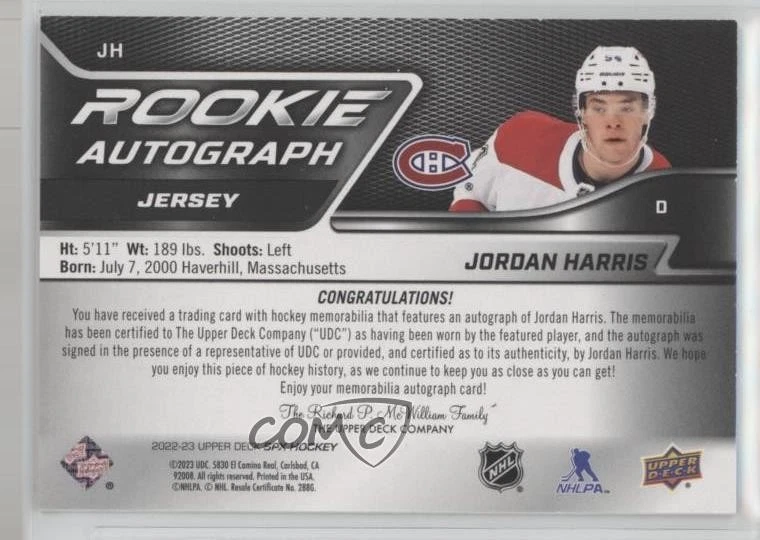 2022-23 SPx Rookie Auto Jersey /375 Tier 1 Jordan Harris #JH Auto RC - Image 2 of 2