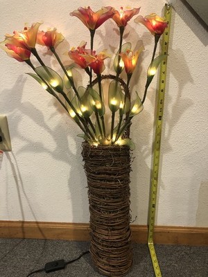 Handmade Tall Lighted Basket With Handle With Red & Yellow Flowers 30 Inches 