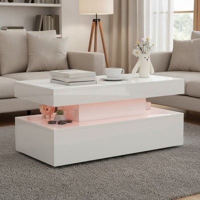LED Couchtisch modern Hochglanz weiß Aufbewahrung Schubladen offenes Regal Fernbedienung