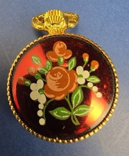 Vintage Heno Lady Pocket Pendant Watch Floral Back/Gold Face/Roman Numbers Works