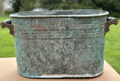 Vtg Copper Tin Lined Verdigris Boiler Wash Bin Planter