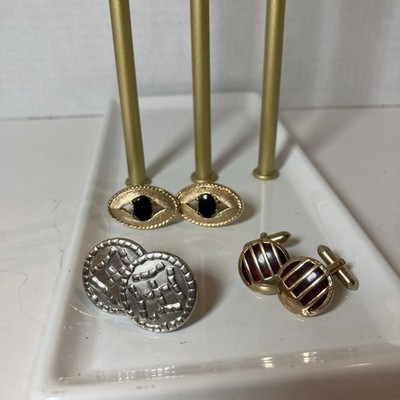 Set of 3 Vintage Swank Cufflinks Gold/Black Gold/Red and Silver Tones
