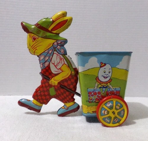 VINTAGE J. CHEIN USA TIN LITHOGRAPH BUNNY RABBIT PULLING CART-ADORABLE-LOOK!