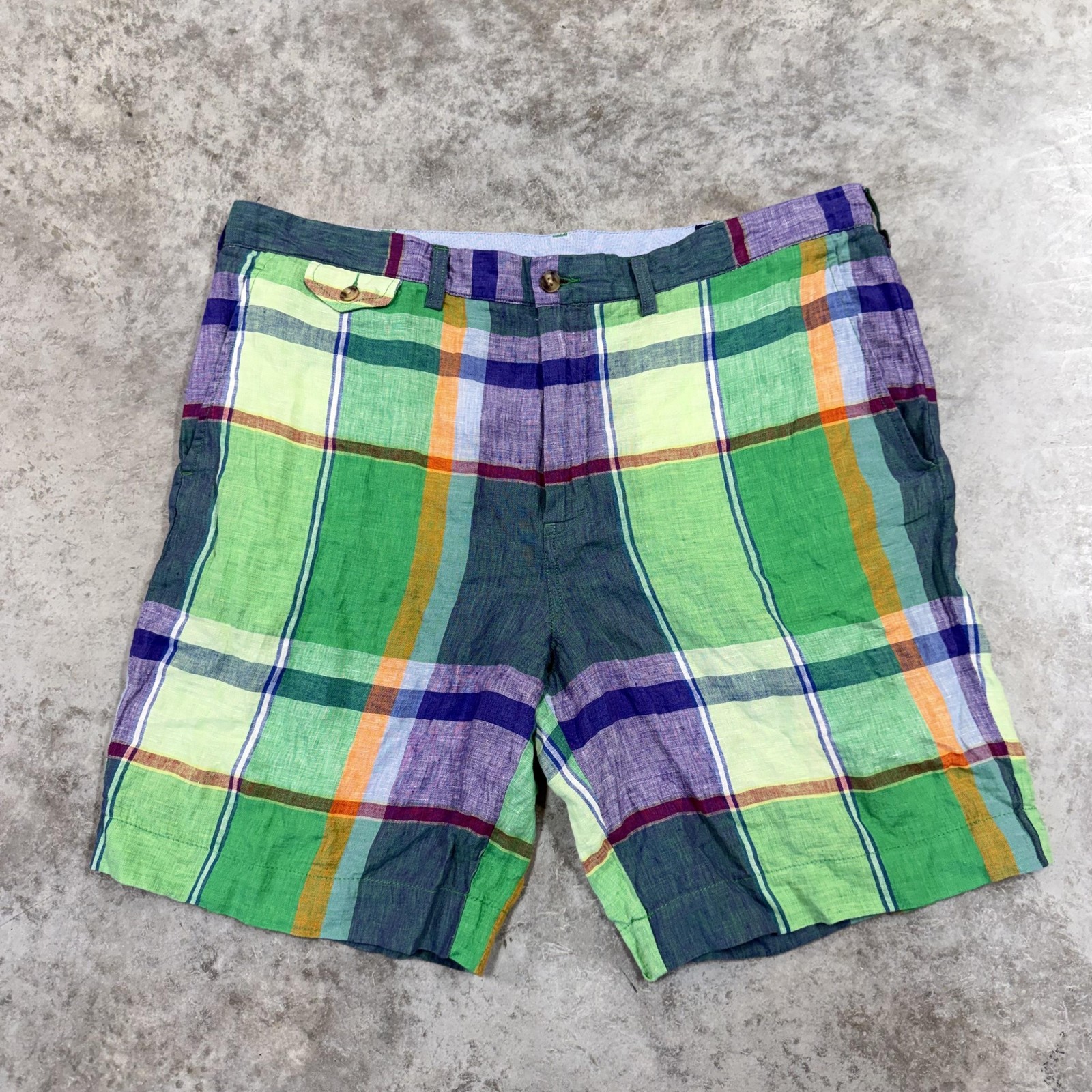 Polo Ralph Lauren Shorts Mens 38 Multicolor Linen Madras Plaid Chino 9 Inseam