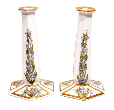 1912 Arts & Crafts China Painting Candlesticks Bavarian Porcelain Bess Smith