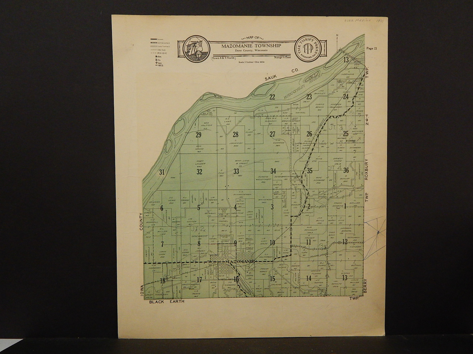Wisconsin Dane County Map 1931 Mazomanie or Medina Township N306 eBay