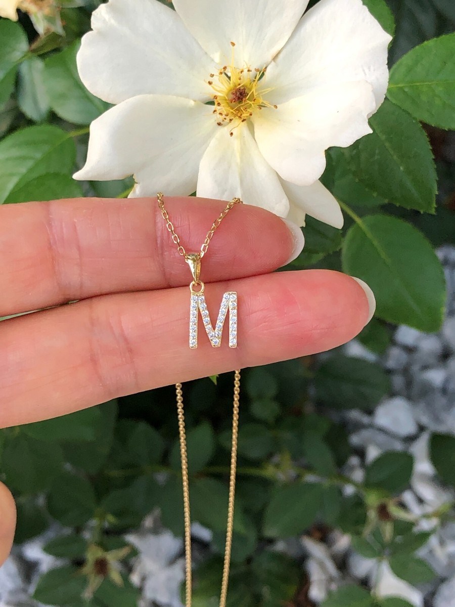 Sterling Silver 925 Cz Initial Letter M Pendant Necklace Gold