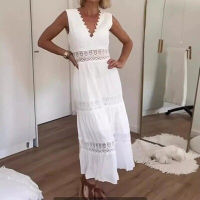 Women's Maxi Dress White Dress Lace Dress Boho Dress Streetwear Beach Regular Fit Solid Color V Neck White Summer