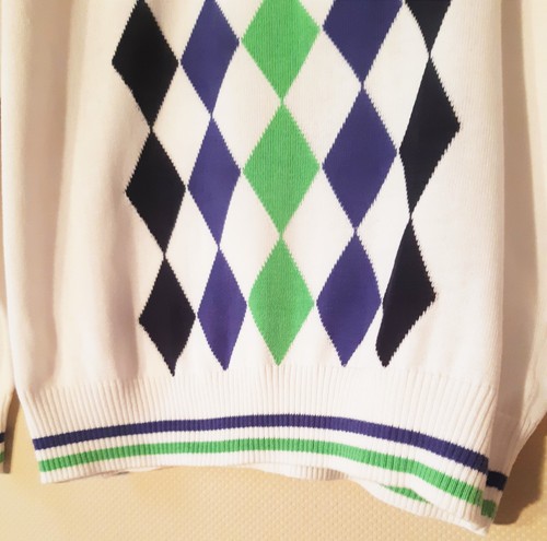 Suéter BPS Cuello en V Blanco Cuadros Arlequín 50% Algodón Verde Púrpura L/Slv Logo Talla S - Imagen 3 de 9