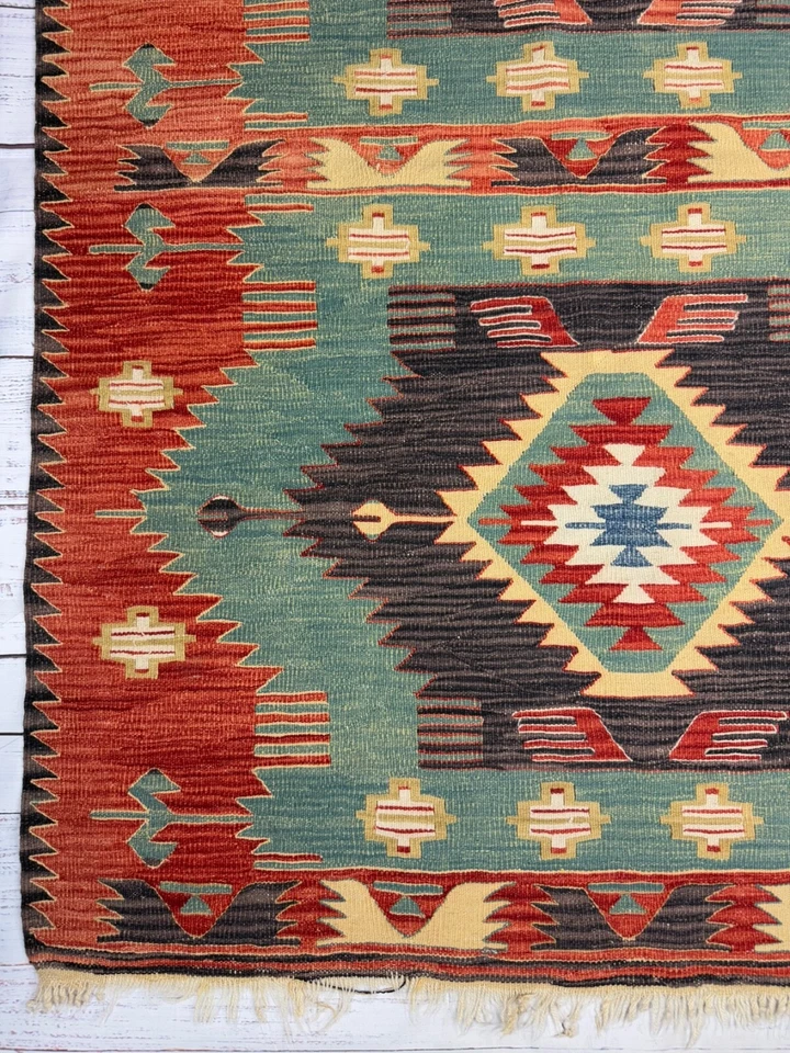 复古手工编织 Kilim 羊毛黄麻阿富汗阿兹特克印花小地毯多色 45 × 63 — 第 4/4 张图片